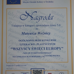 I miejsce w Ogólnopolskim Konkursie Literacko-Plastycznym „Wszyscy Święci Europy" dla ucznia naszej szkoły! - dyplom